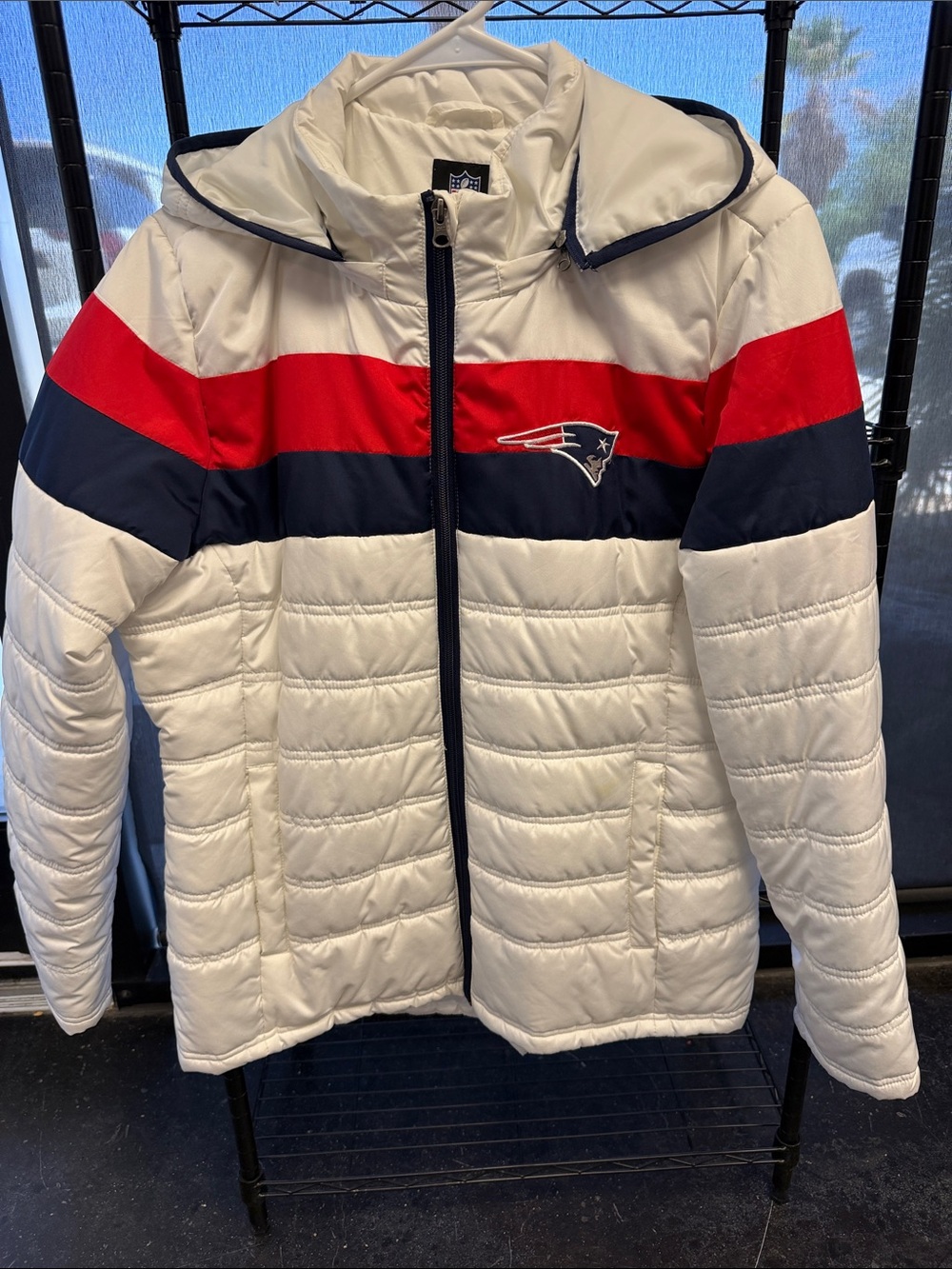 Women’s Patriots White Puffer Jacket with Red & Navy Stripes